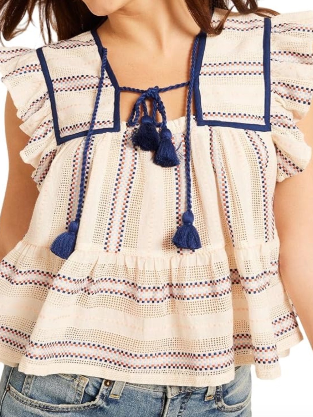 Women’s Babydoll Peplum Top With Flutter Fly Sleeves & Navy Tassel